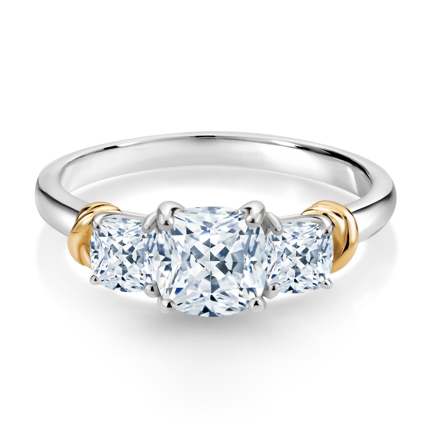 Gem Stone King 925 Sterling Silver and 10K Yellow Gold White Zirconia 3 Stone Engagement Ring for Women (2.02 Cttw, Cushion Cut 6MM and 4MM, Available in Size 5, 6, 7, 8, 9)