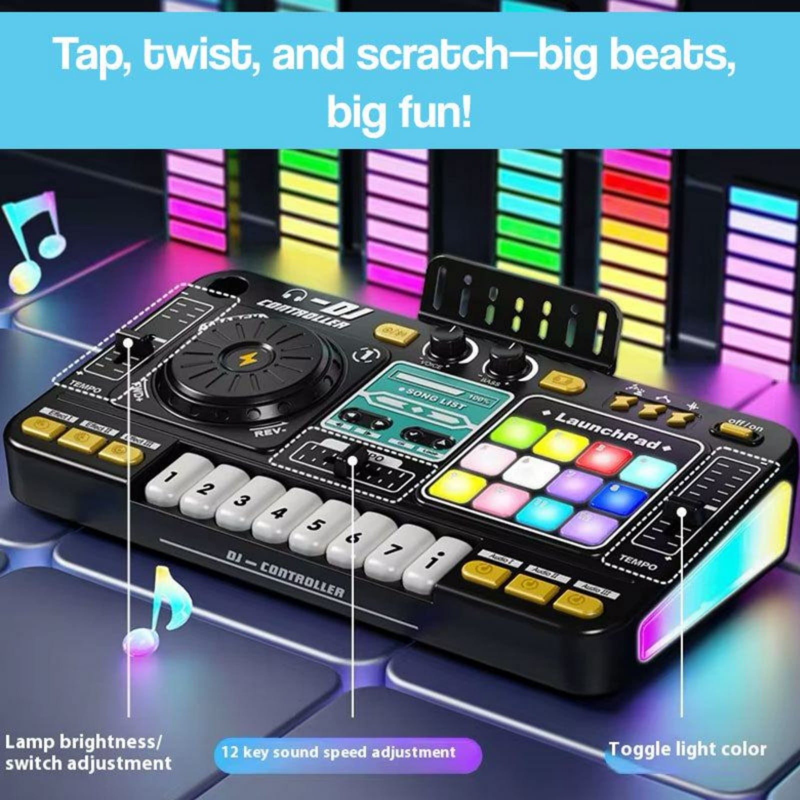 Interactive Kids DJ Mixer With Light Up Buttons Realistic Sound And Built In Microphone For Early Music Education