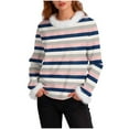 thumbnail image 2 of Aobny Sweatshirt Date Night Outfit for Women Long Sleeve Fleece Striped Blue Hoodie Pullover Crew Neck Beach Outfits for Women,M, 2 of 6
