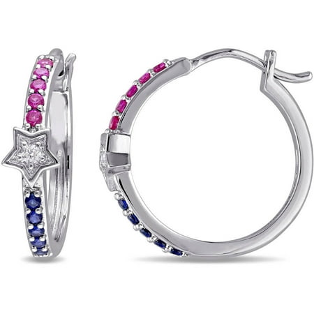 Tangelo 3/8 Carat T.G.W. Created Ruby and Created Blue Sapphire with Diamond-Accent Sterling Silver Star Hoop Earrings