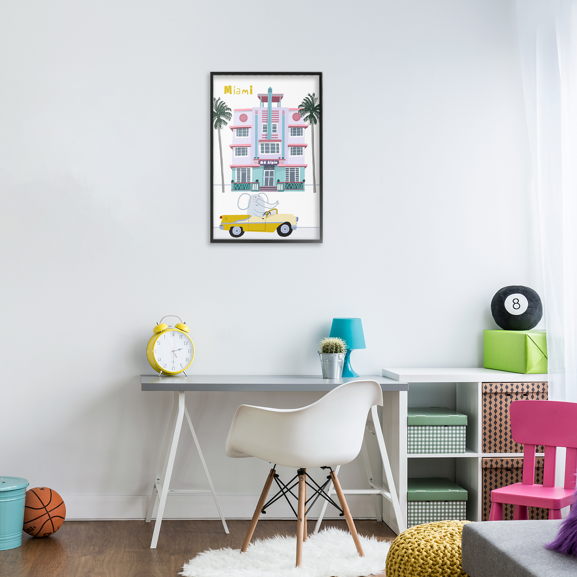 Elephant & Miami Hotel Black Framed Giclee Art, design by Carla Daly