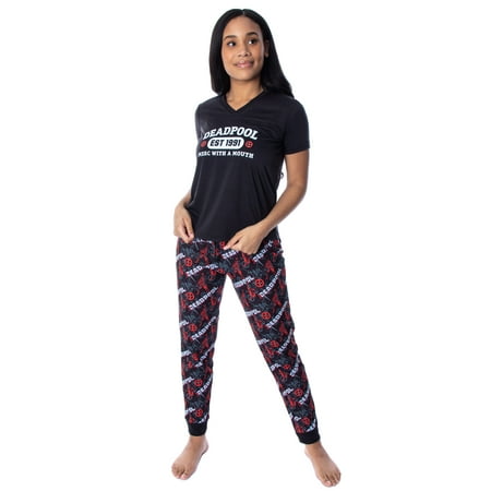

Marvel Women s Deadpool Merc With A Mouth 2 Piece Jogger Pajama Set (MD)