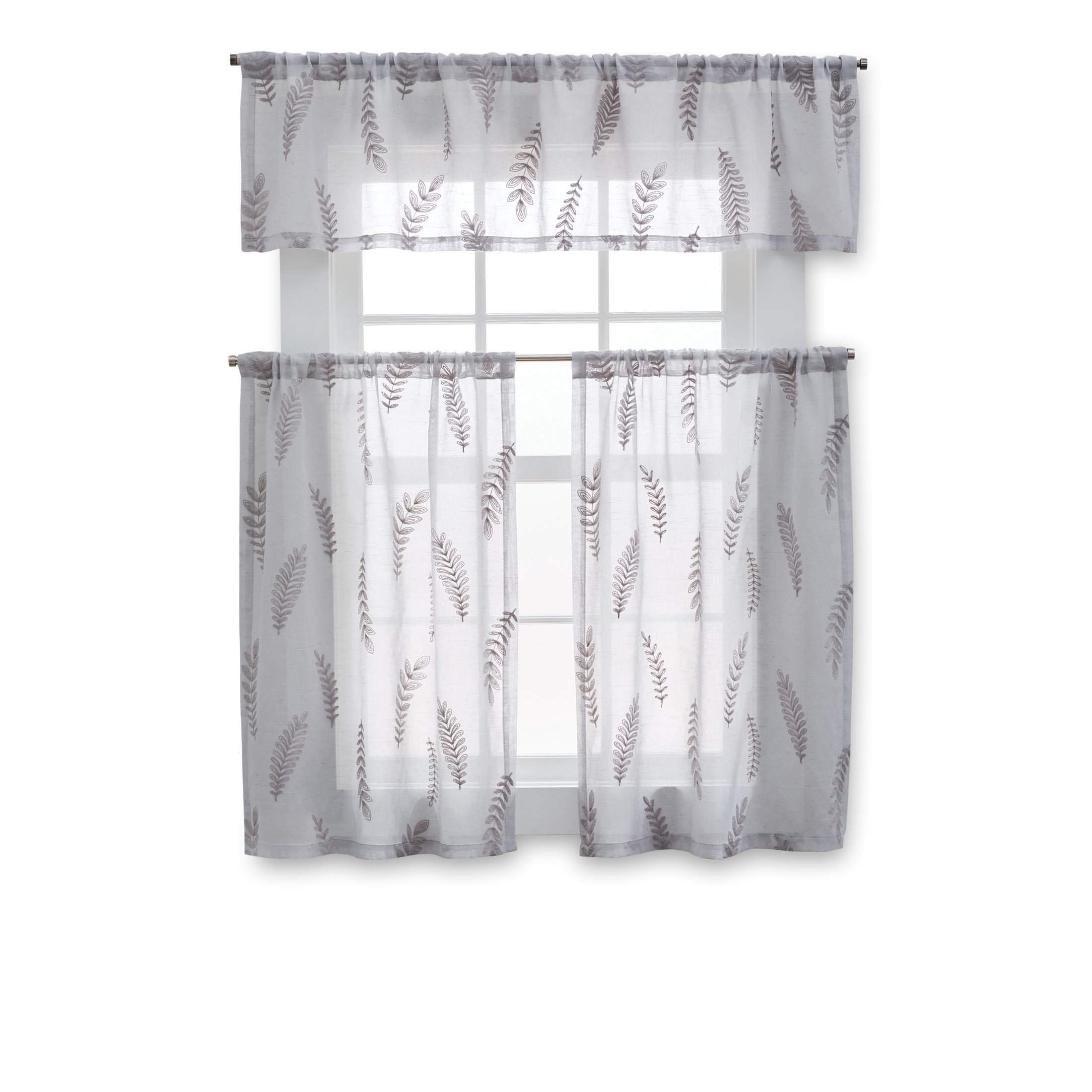 Better Homes & Gardens Embroidered Botanical Valance & Tier Set, 3-Piece Curtain, Silver, Indoor, 60"W x 36"L, Adult, Teen