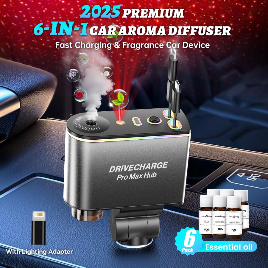 Retractable Car Charger 5 in 1 power adapter, starlight car charger with Car Aromatherapy, 45W car phone charger USB C Fast Charging for iPhone 16 15 14 & Android
