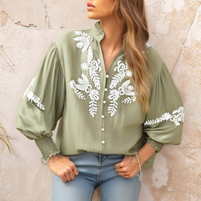 Tops de manga larga,Cárdigan con botones florales bordados para mujer, manga larga con cuello en V, mezcla de poliéster y elastano, ropa informal para el hogar y uso diario, sopatenor