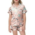 thumbnail image 4 of Kids Silk Pajamas Girls Cute Cartoon Pajamas Short Sleeve Button Down Shirts Soft Teen Girls' Pajama Sets 10-11 Years, 4 of 5