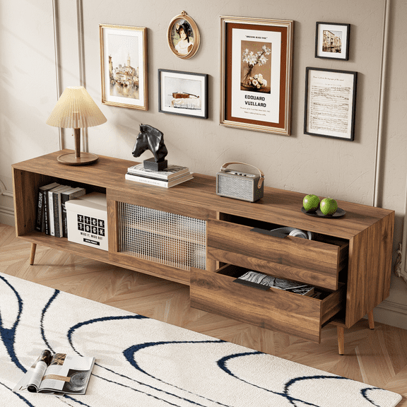 Gzxs Vintage TV Stand for TVs up to 75" , Wooden Entertainment Center w/ Fluted Glass Sliding Doors, 2-Tier Shelf and 2 Storage Drawers, Media Console for Living Room, Walnut