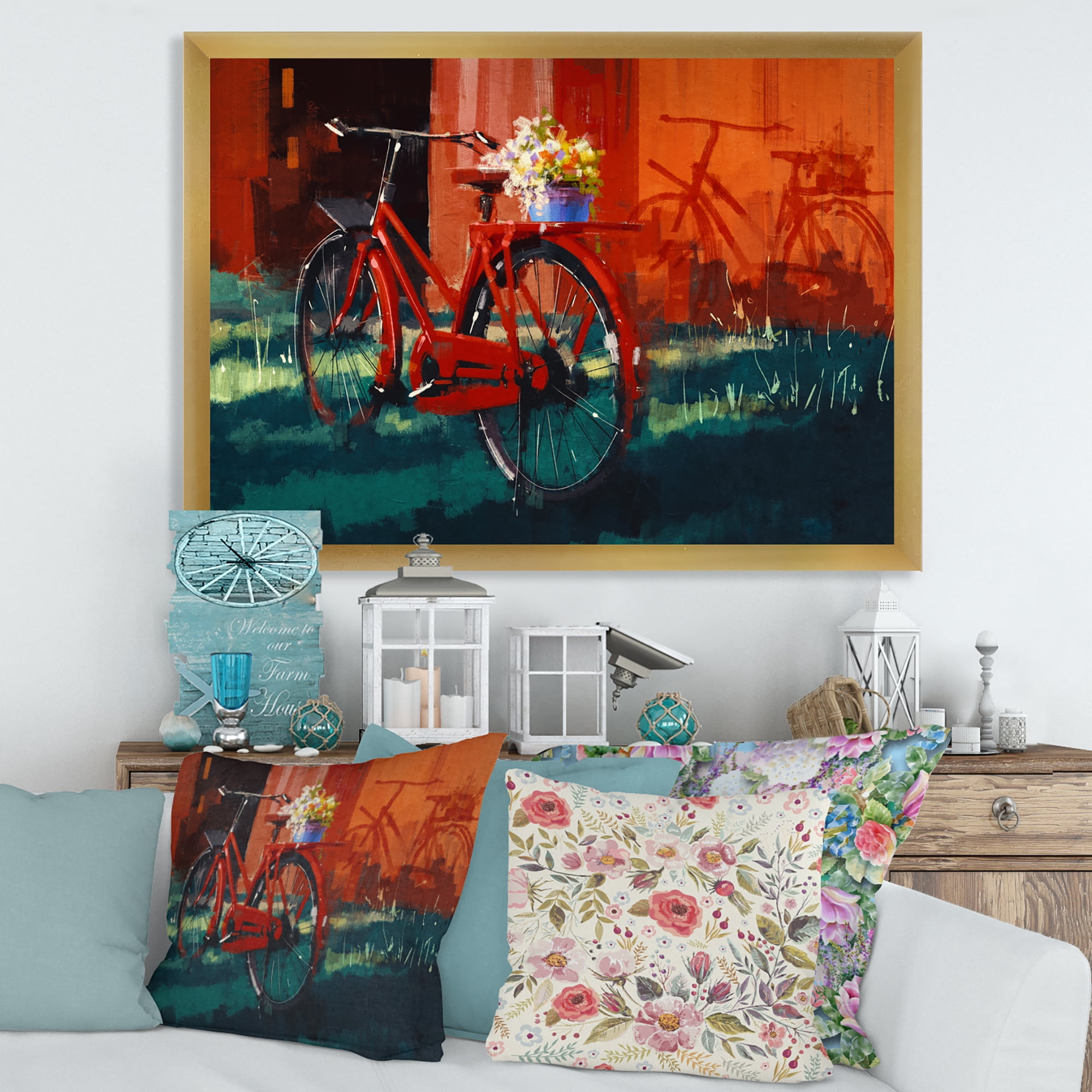 Designart 'Red VIntage Bicycle With Flowers Bucket' Vintage Framed Art Print