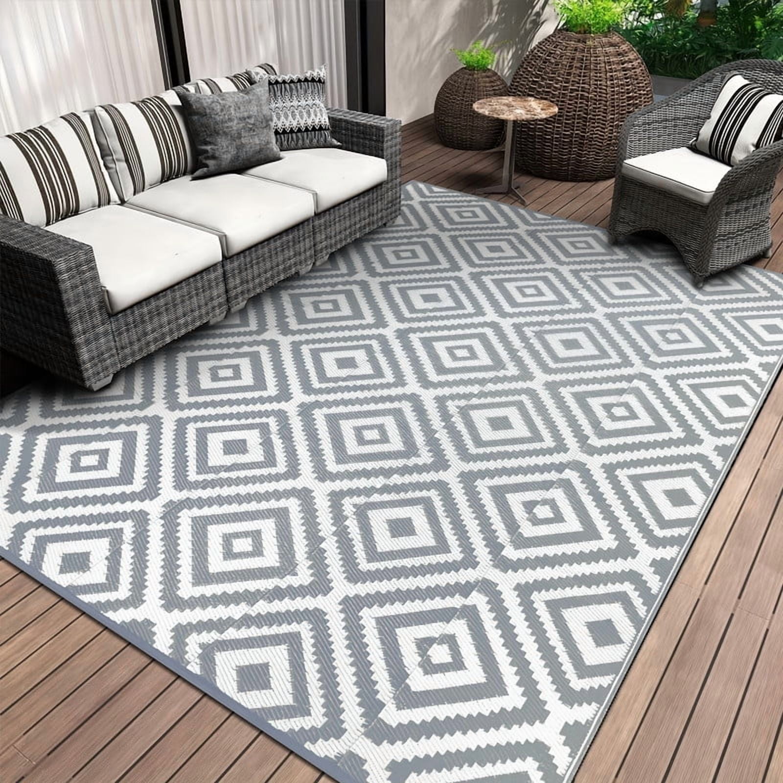 Aonewoe Outdoor Rug 8x10 Waterproof Reversible Camping Rug Patio Rug Plastic Straw Rug Outside Indoor Outdoor Area Rug for Patio Deck Balcony Picnic Beach, Gray & White