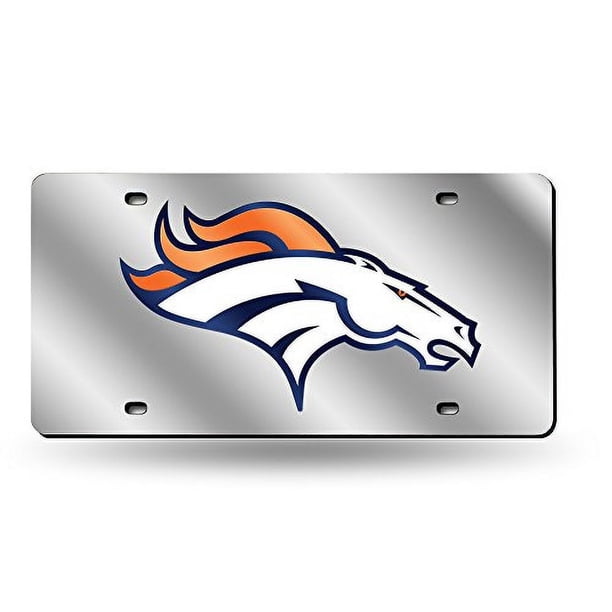 Placa de matrícula de metal plateado con láser y logotipo de los Denver Broncos de la NFL, medida 6 x 12"