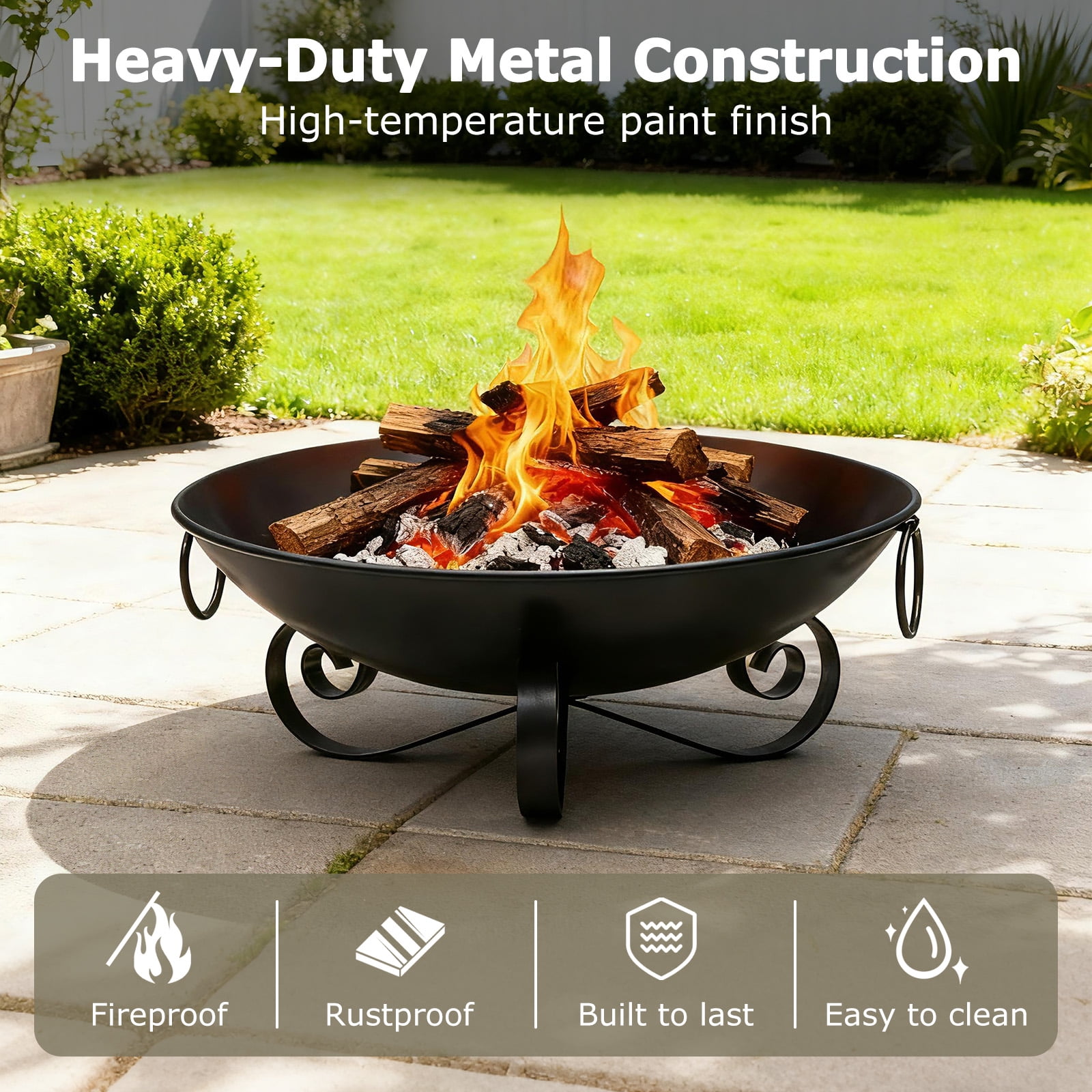 Patiojoy 24 Inch Heavy-Duty Metal Fire Pit Bowl Outdoor Wood-Burning Firepit with Handles