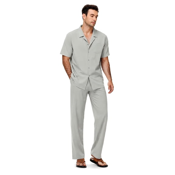 Men's Beach Outfit 2 Piece Casual Button Down Shirt Short Sleeve Loose Shirts and Pants Vacation Sets for Men