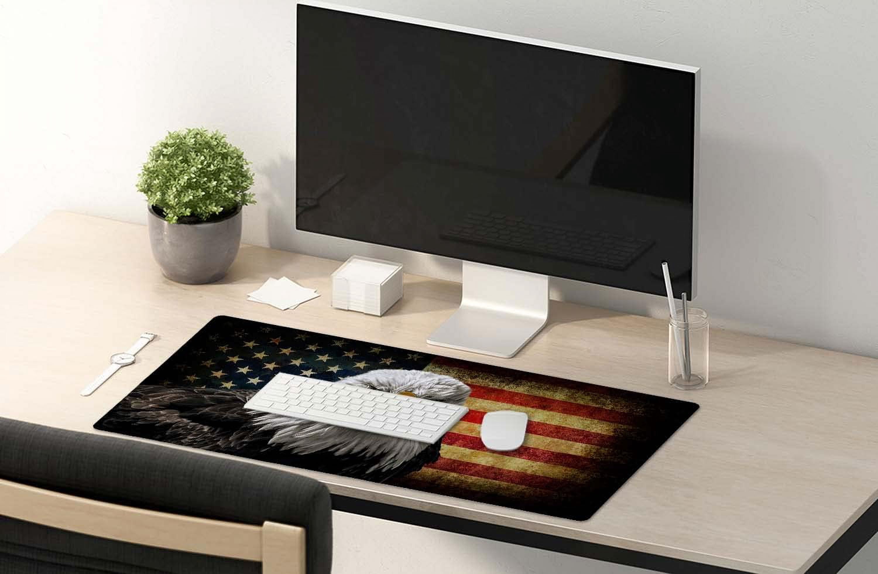 Extended Gaming Mouse Pad - Non-Slip Water-Resistant Rubber Base Computer Keyboard Mouse Mat, 35.4x15.7-inch XX-Large Desk Mat, Ideal Partner for Work & Game, American Bald Eagle on Grunge Flag