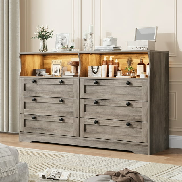 Commode à 6 Tiroirs pour Chambre, avec Lumières DEL RVB et Prise de Courant, Commode de 55 Pouces de Large Meuble Télé pour Télé de 55 Pouces, pour Garde-Robe, Salon, Entrée