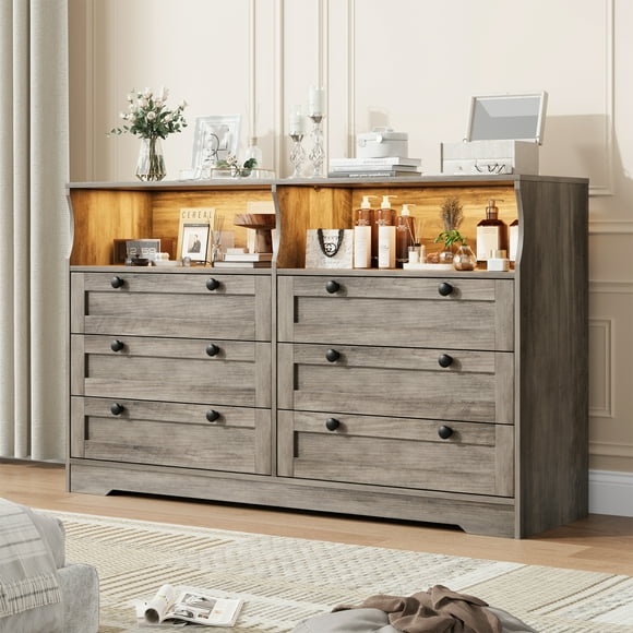 Commode à 6 Tiroirs pour Chambre, avec Lumières DEL RVB et Prise de Courant, Commode de 55 Pouces de Large Meuble Télé pour Télé de 55 Pouces, pour Garde-Robe, Salon, Entrée