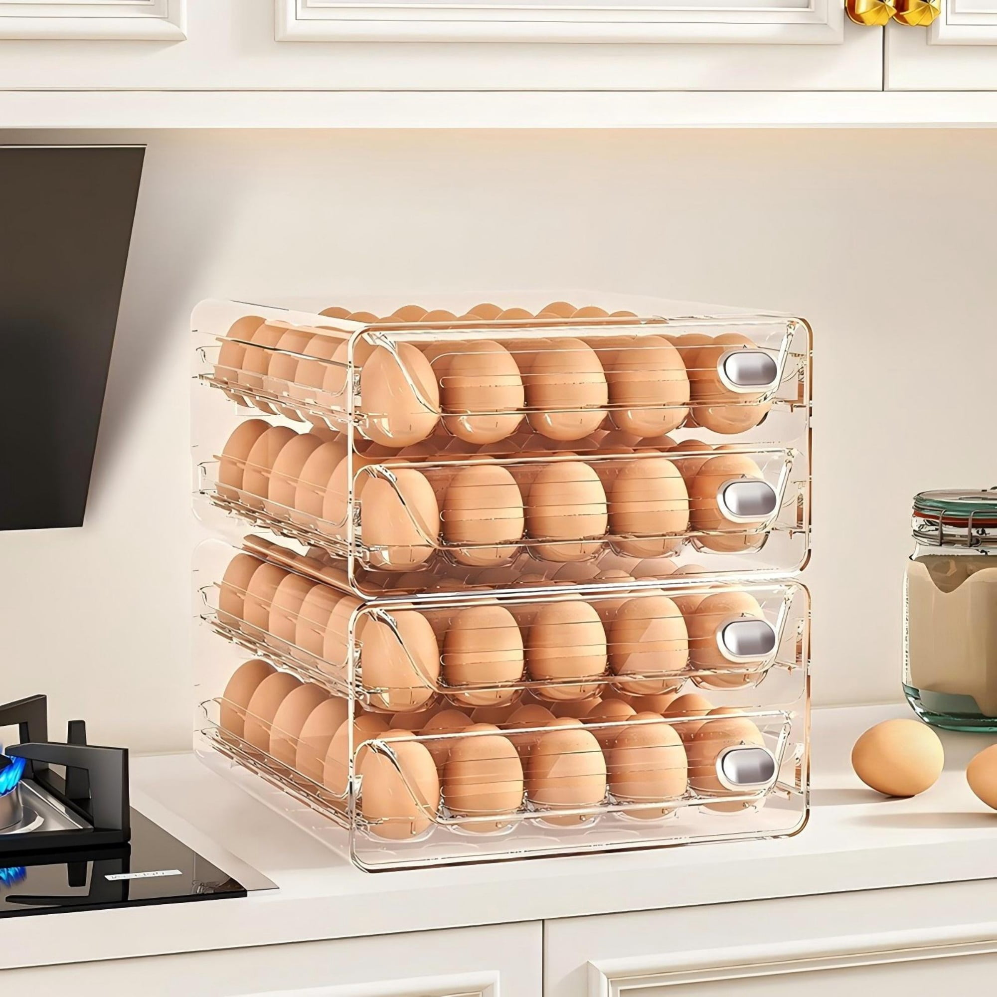 YHIPL 60-Eggs Holder for Fridge, 2 Tier Clear Stackable Egg Container for Refrigerator with Lid & Handles, Egg Holder Suitable for Refrigerator and Kitchen Storage