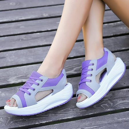 

Contrast Paneled Cutout Lace-Up Muffin Sandals - Sandals for Women Summer Peep Toe Sandals Shoes Wedges (Blue 7)
