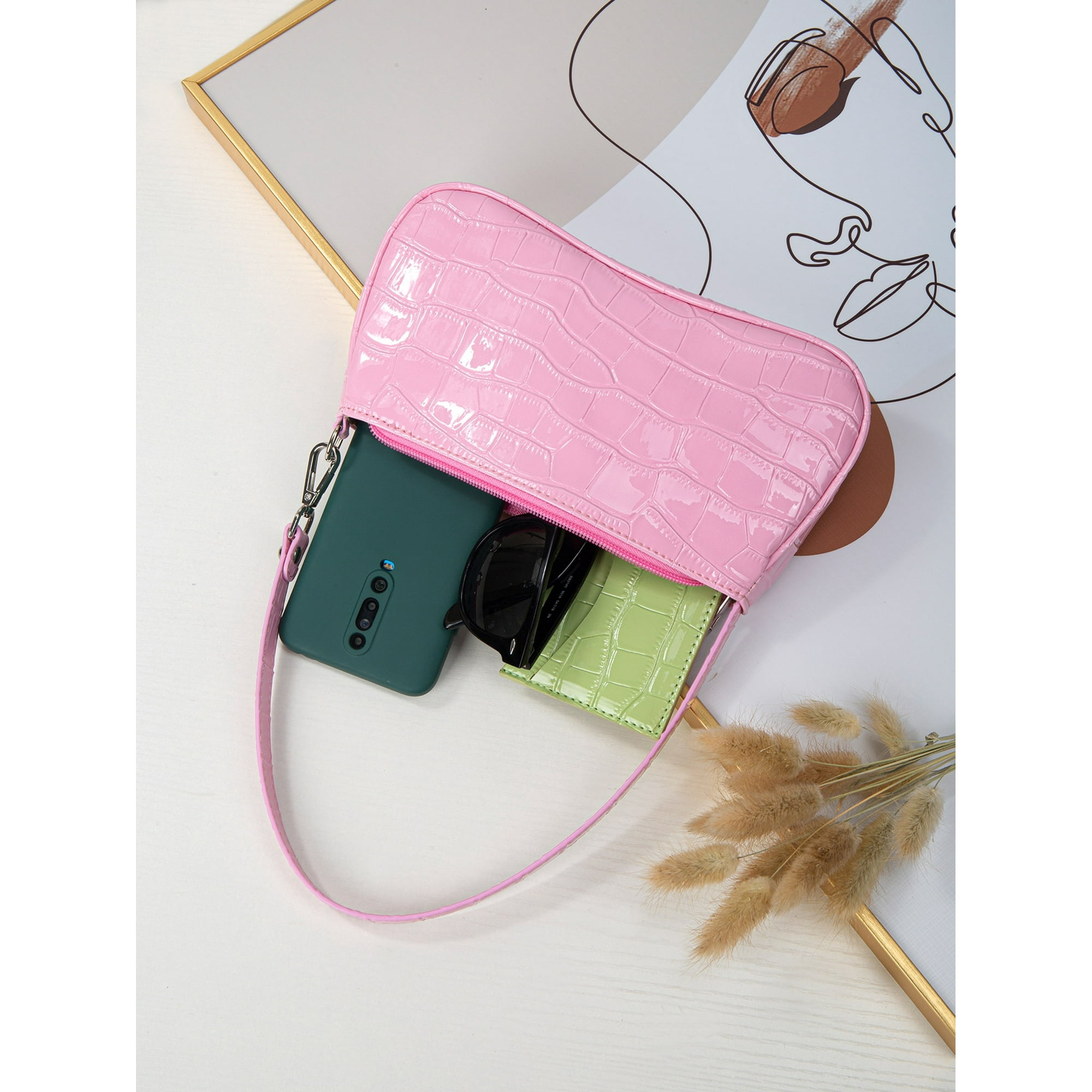 Lightweight Business Casual Crocodile Embossed Shoulder Bag Pink For Teen Girls Women College Students Rookies White Collar Workers Perfect For