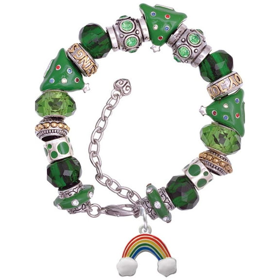 Silvertone Enamel Rainbow Green Christmas Bead Bracelet