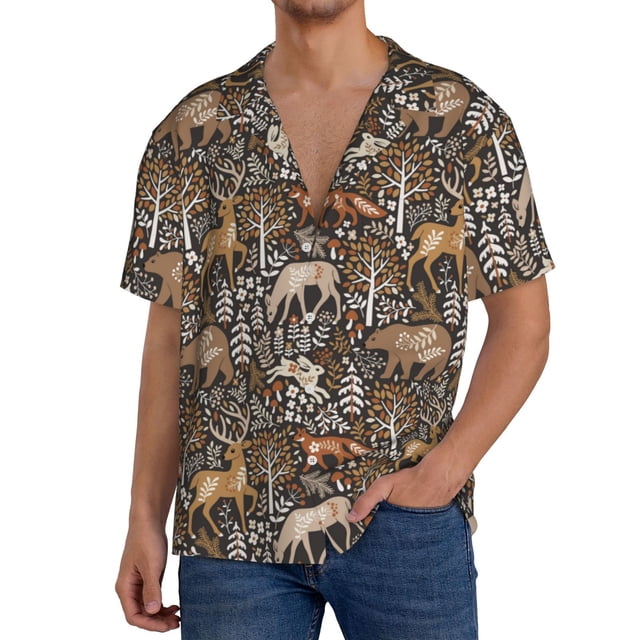 Fotbe Moose fox bear leaf tree Camisa Estampada de Manga Corta para Hombre, Casual de Verano, Estilo Playero, Sin Arrugas-Medium