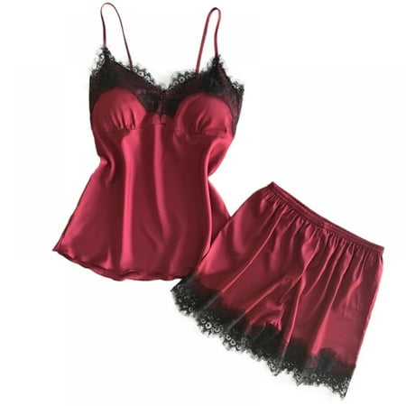 Women s Silk Pajamas Set Cami Top and Shorts Pajama Sets Floral Lace Trim Satin Cami Lingerie Sets