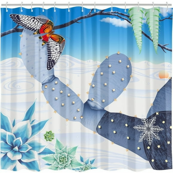 Whimsical Blue and White Cactus Shower Curtain with Butterfly and Star Pattern