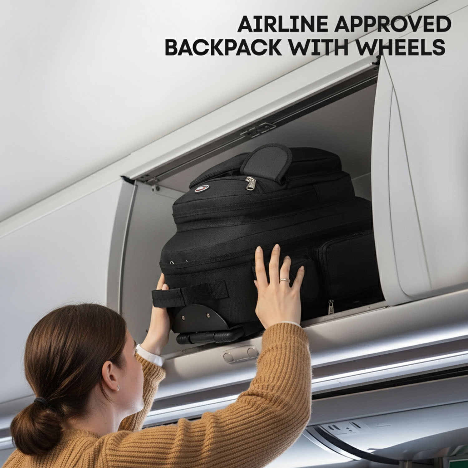 20" Rolling Backpack for Women Men, 2 in 1 Carry-on Travel Backpack with Wheels & Handle for Work, Weekend, School, Short Trips, Black - JH2560