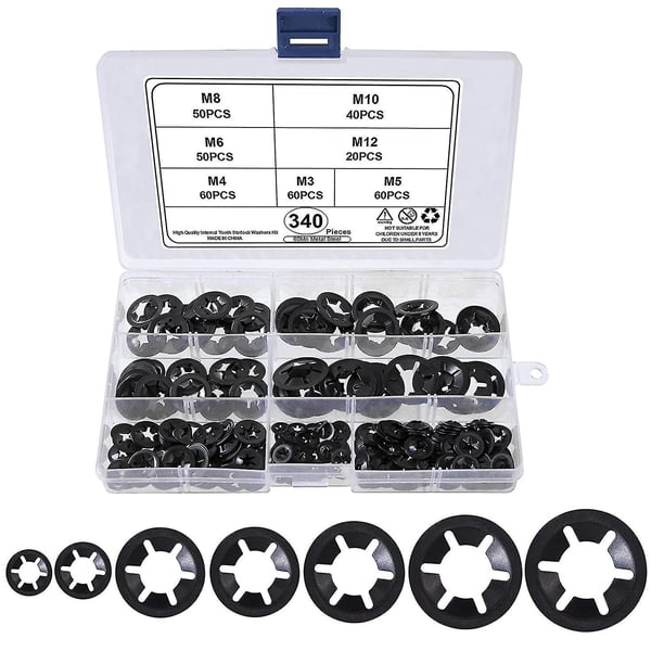Universal Lock Washers Lock Washer M3 M4 M5 M6 M8 M10 M12 Quick Push In Fasteners Assortment Kit With Box Black 340 Pieces
