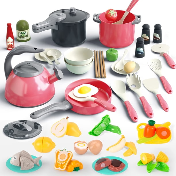 Juego de juguetes Play Kitchen Bruvoalon, 67 piezas con ollas, sartenes y comida