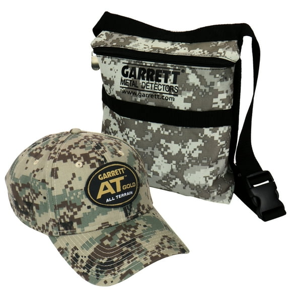 Garrett Camo Metal Detector Digger Finds Pouch & AT GOLD Logo Baseball Cap OS