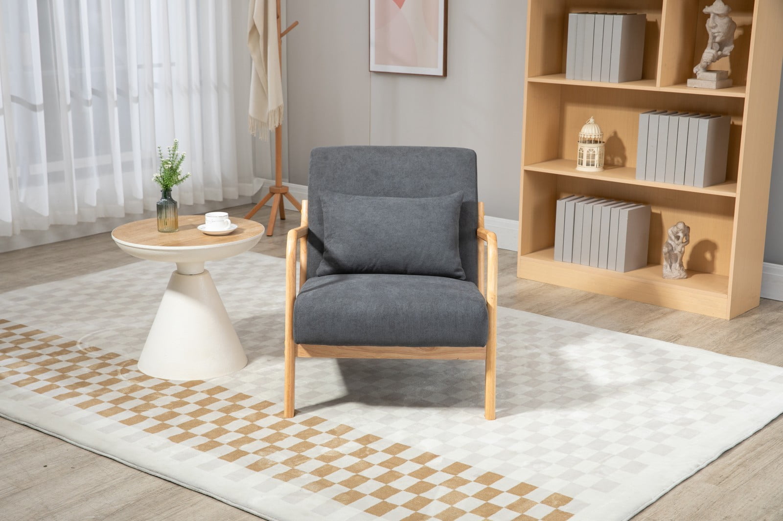 Mid Century Modern Accent Chair Upholstered Living Room Chair with Waist Cushion Wood Frame Reading Armchair for Bedroom Sunroom Indoor Lounge Chair, Antique Grey