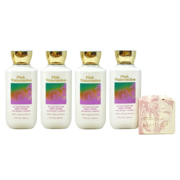 Bath & Body Works PINK WATERMELON 4 Piece Body Lotion Value Pack with a Marbela Himalayan Salts Springs Bar Soap - Full Size