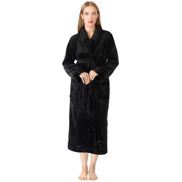 NY Threads Women Fleece Shawl Collar Bathrobe Plush Long Robe, Small, Black