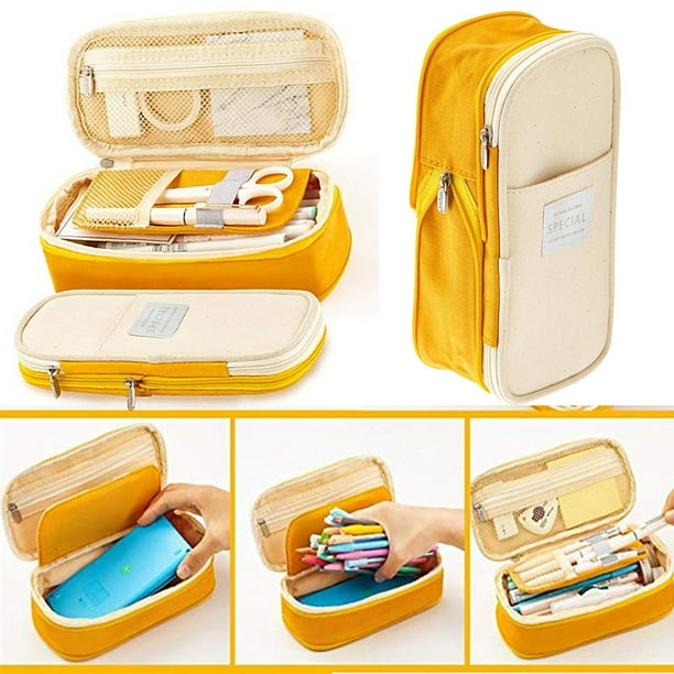 Estuche grande con cremallera para lápices, bolígrafos y estuche de tela para oficina y estudiante, color mostaza/leche (tamaño grande)