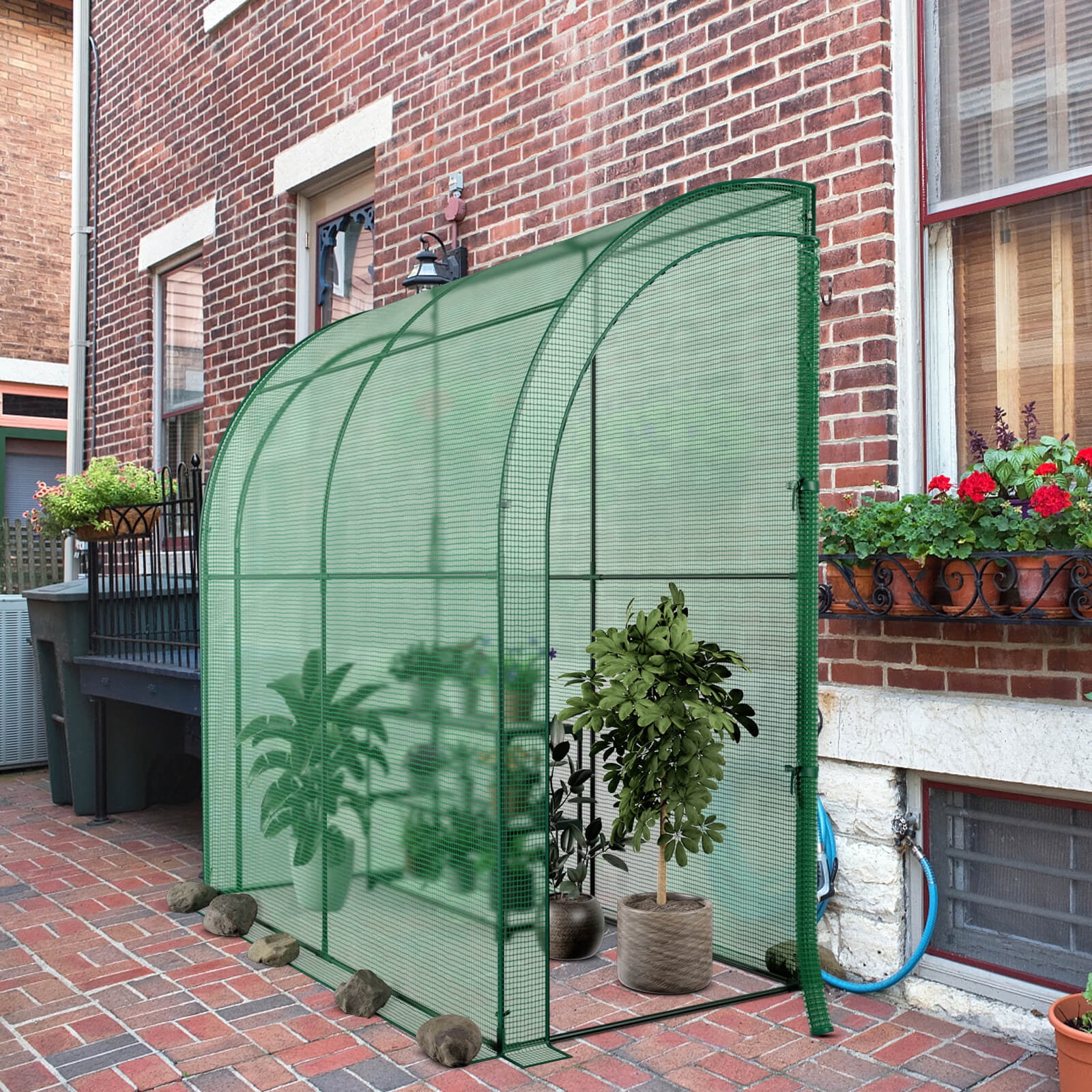 Costway 7'x 3.5'x 7' Lean-to Greenhouse Portable Wall House with Green PE Cover and Shelf