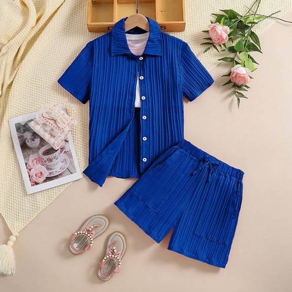 Two Piece Sets for Girls 8-12 Years Short Sleeve Shirts and Shorts Outfits Toddlers Kids Solid Pleated Lightweight Loose Going-Out Suits Set