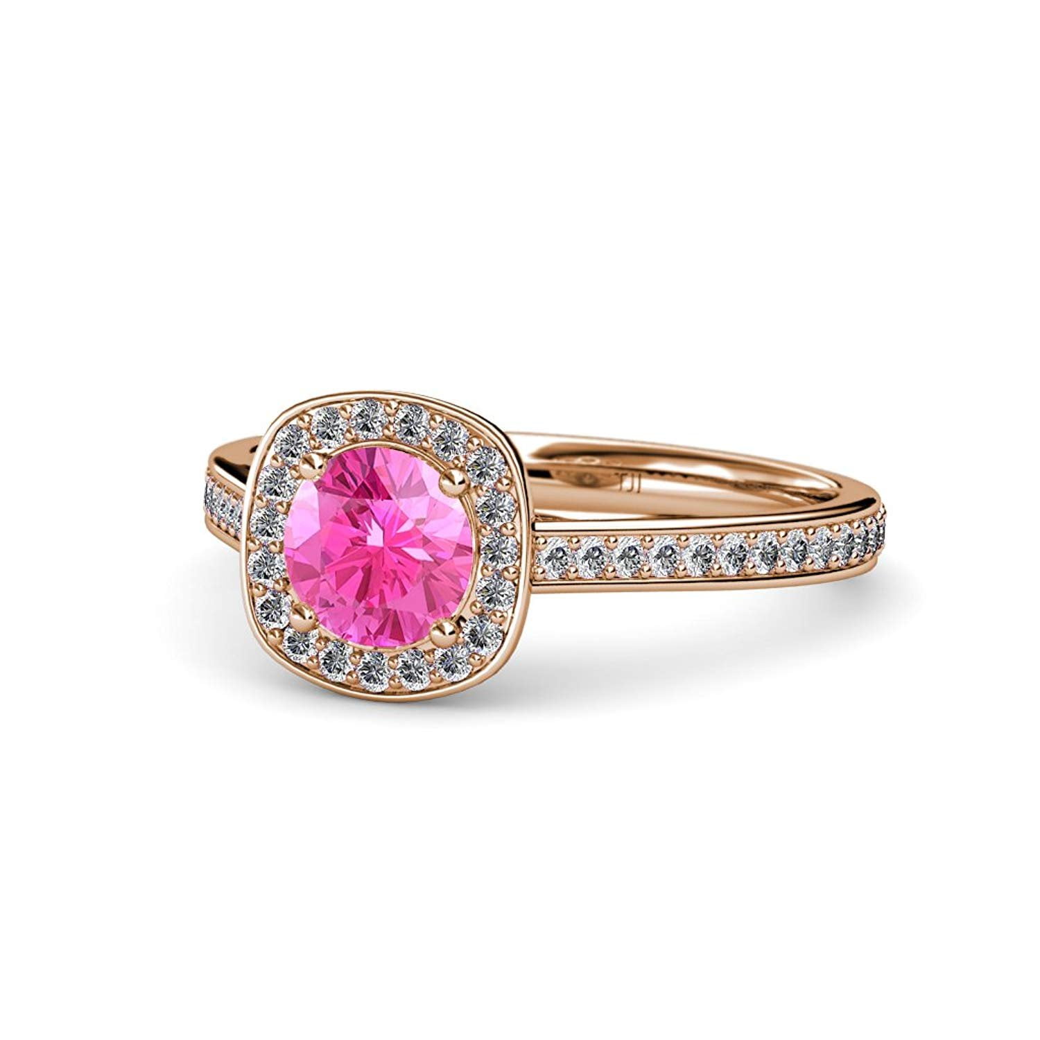 Pink Sapphire and Diamond (SI2-I1, G-H) Halo Engagement Ring 1.15 ct tw in 14K Rose Gold.size 5.0 by TriJewels