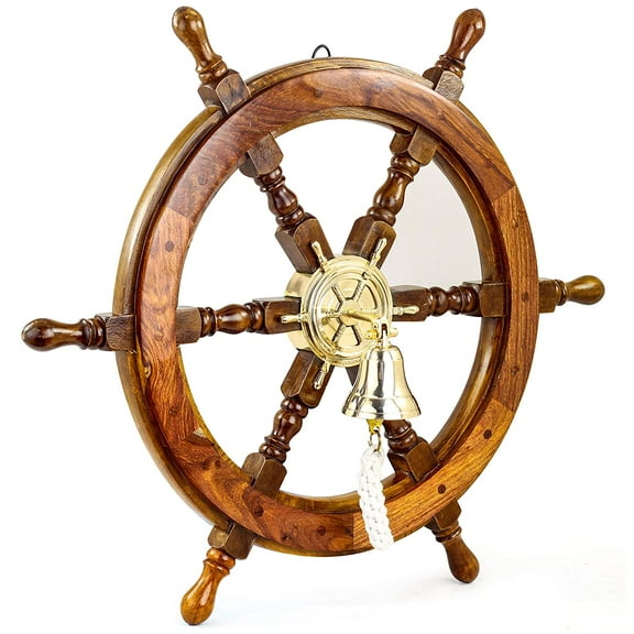 Wooden Ship Wheel With Brass Handle - (Brass Bell Mounted On Extension Road) - 42 Inches