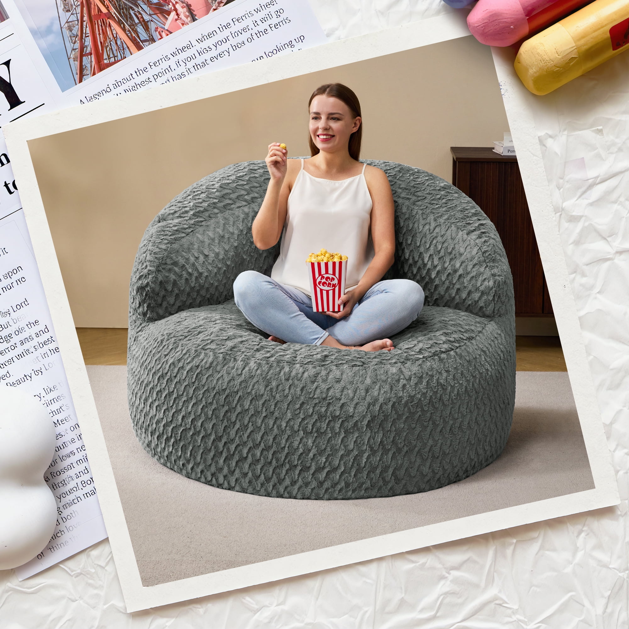 Hobestluk 4FT Bean Bag Chair for Adults with Memory Foam Filler Giant Beanbag with Faux Fur Cover for Bedroom (Chevron Grey,Oversize)