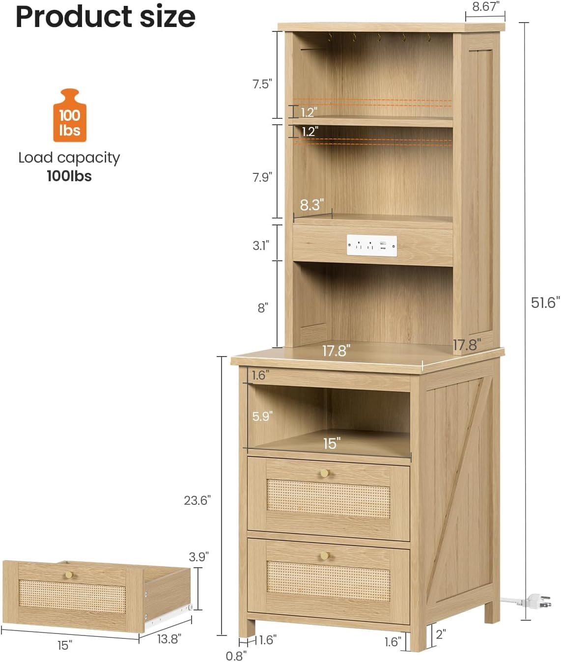 Boho 51.6'' Tall Rattan Nightstand with Charging Station and LED Lights, Bed Side Table with 2 Drawers and Bookshelf & 6 Hooks, Easy to Assembly, Wood