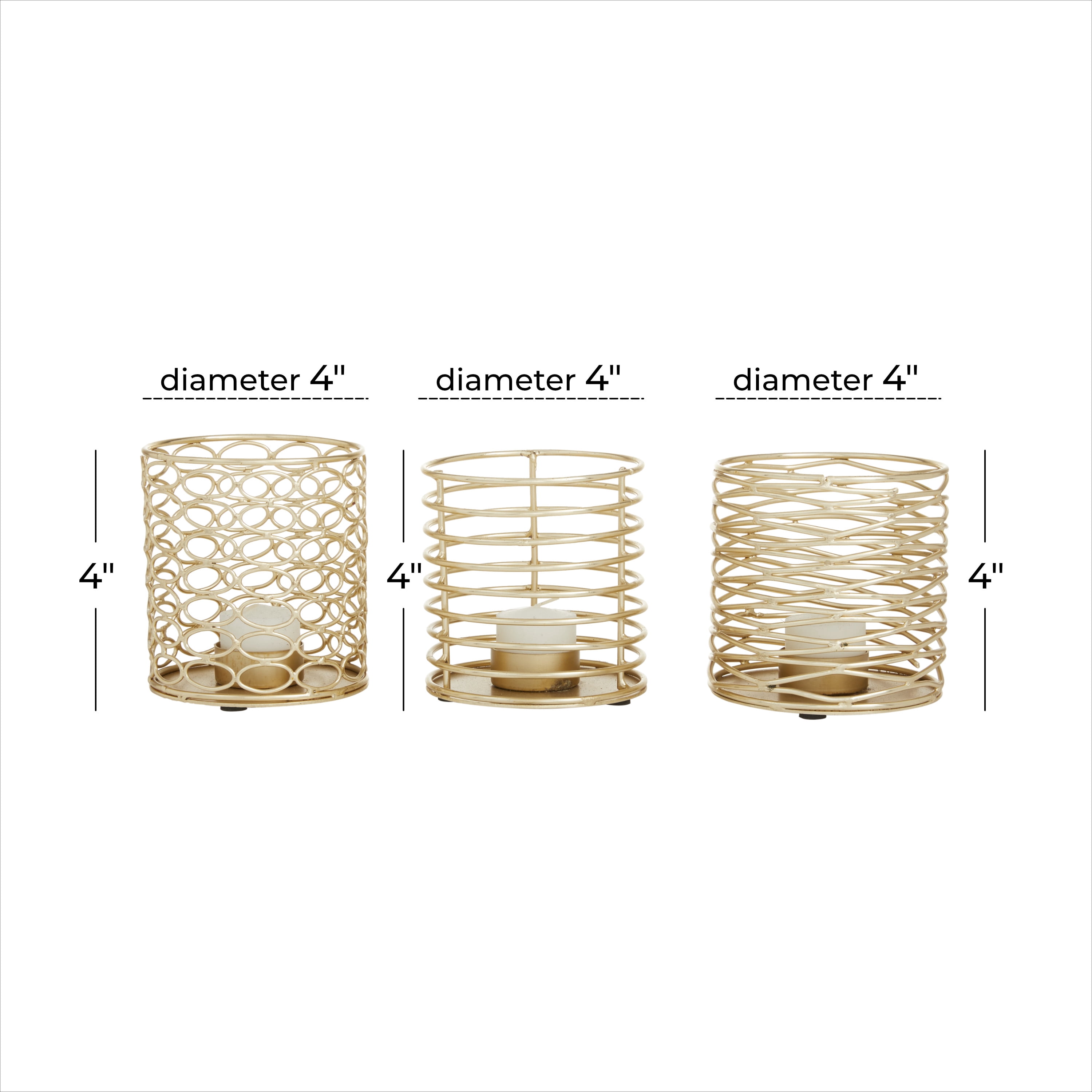 DecMode 4 in W, 4 in H Iron Glam Candle Holders, Gold, 3-Piece