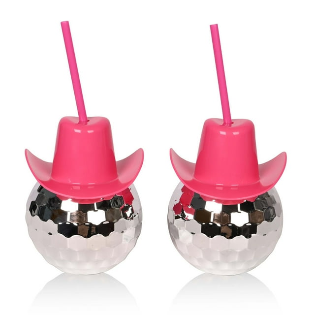 2 piezas de bola de discoteca, sombrero de vaquera rosa, tazas con pajitas, suministros para fiesta de vaquero occidental, suministros para fiesta de niña soltera.