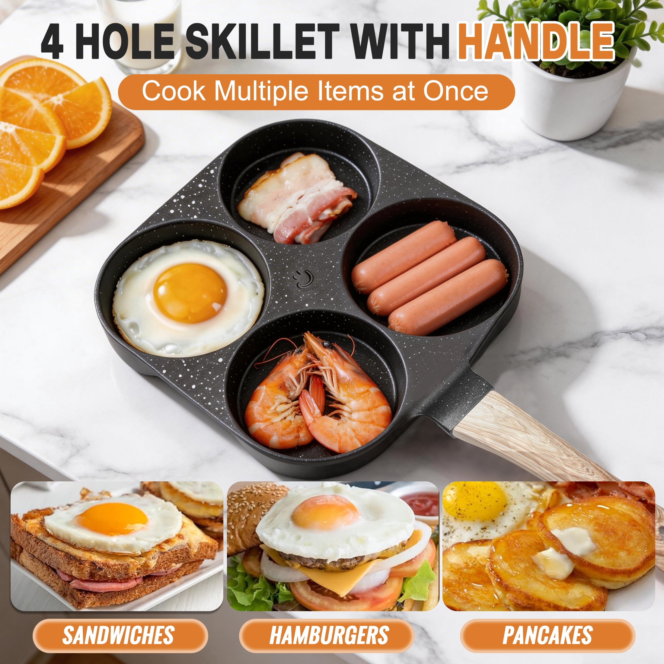 cisilov Egg Pan, 4-Cup Nonstick Egg and Burger Pan, Breakfast Skillet with Divided Sections, Black