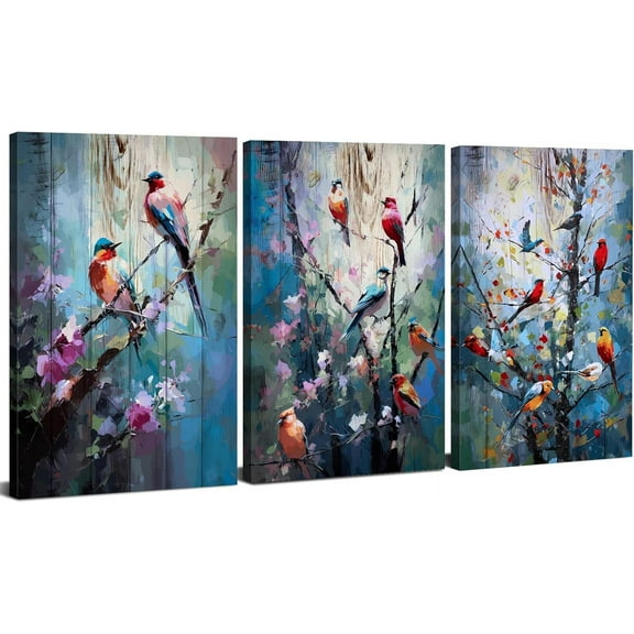 Aaroca Bird Wall Art Colorful Birds on Tree Branch Wall Decor Abstract Flowers Canvas Prints Pictures Rustic Farmhouse Paintings Abstract Floral Artwork for Bathroom Living Room Home Decorations 3Pcs