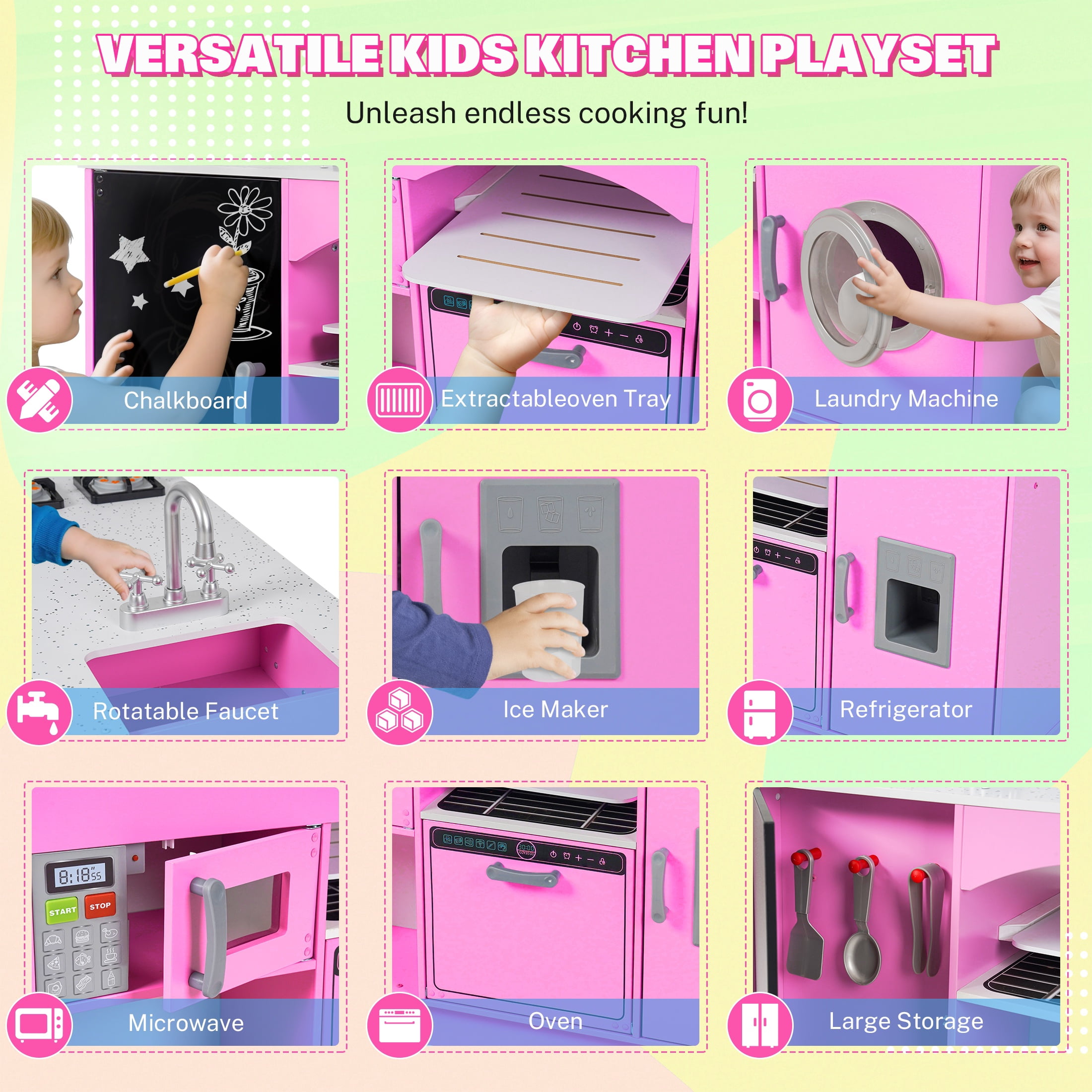 iYofe Play Kitchen Sets for Kids Ages 2+, Wood Kids Kitchen Playset for Toddlers with Real Lights & Sounds, Pretend Play Toys Kitchen with Cookware Accessories, Pink