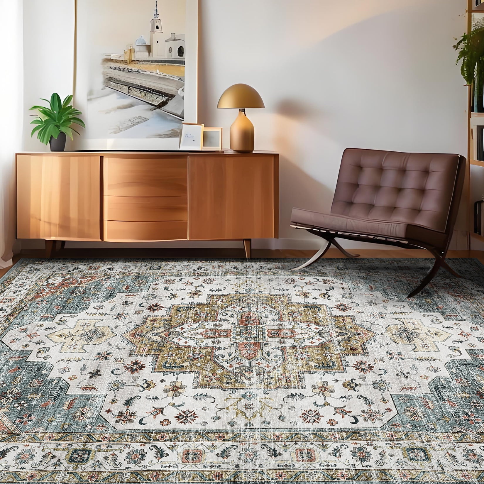 Hasoo Area Rug 5' x 7' Rugs for Living Room Washable Rugs Vintage Distressed Indoor Rug Carpet Soft Lightweight Foldable Nonslip Rug Light Green