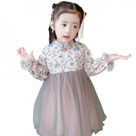 

PROMOTION SALES!Girls Chinese Style Floral Dress Mesh Puffy Dress Patchwork Dress