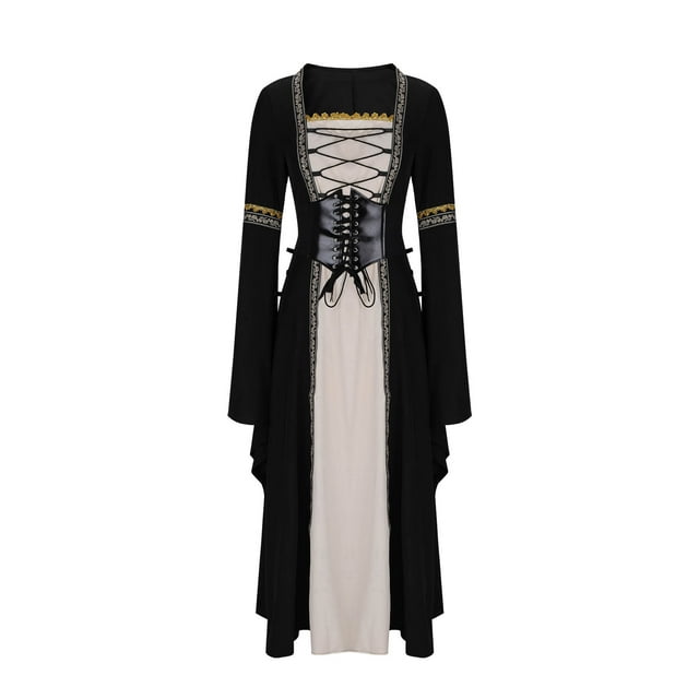 Robe Médiévale Renaissance Femme Mode Décontractée Couleur Unie Corset à Lacets Évasée Manches Longues Robes Maxi Noir P
