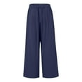 thumbnail image 4 of Jamsmile Womens Pants Summer High Waisted Drawstrings Linen Wide Leg Beach Pants With Pockets Casual Pure Color Loose Trousers, 4 of 5