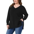 thumbnail image 4 of Agnes Orinda Plus Size Sweater for Women V Neck Long Sleeve Pullover Slit Hem Knit Fall Winter Blouse 2X Black, 4 of 5